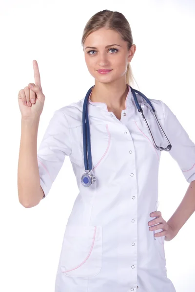 Porträtt av en flicka läkare. att hålla showen — Stockfoto