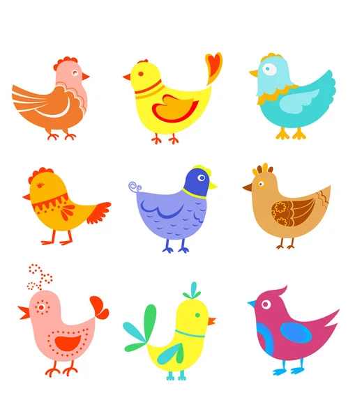 Divertido garabato aves y pollas — Vector de stock
