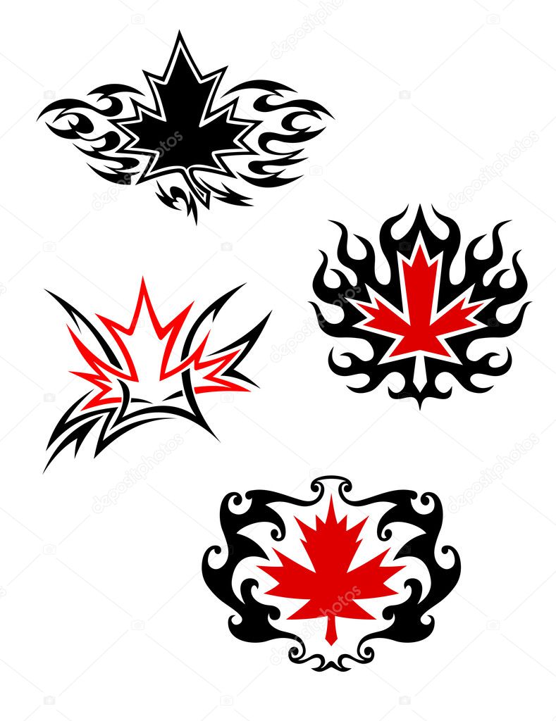 Maple leaf mascots in tattoo style for design
