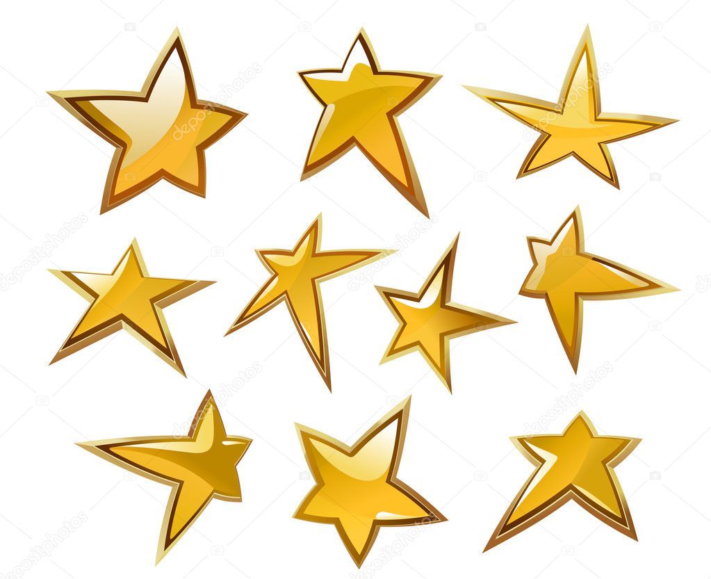 Glossy gold and yellow stars icons and symbols isolated on white background