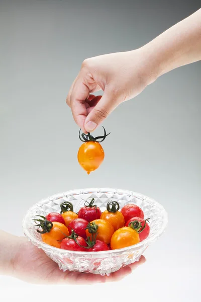 Cherry_tomatoes en hand — Stockfoto