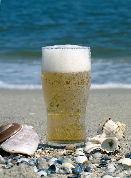 Beer glass on the seashore — Stock Photo, Image