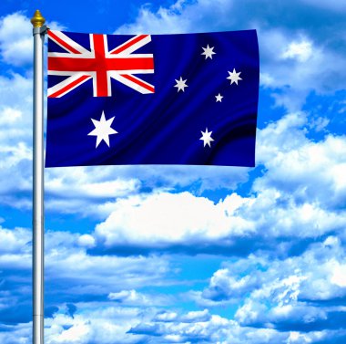 Mavi gökyüzü karşı bayrak sallayarak Avustralya