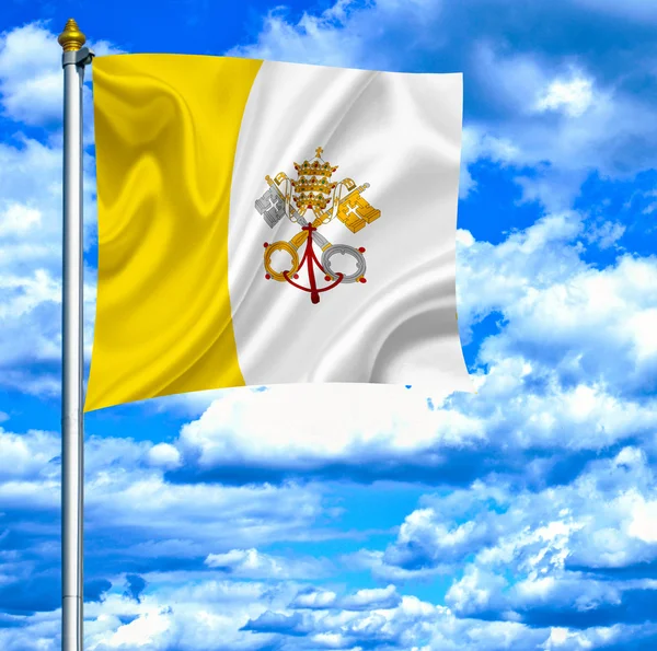 Bayrak sallayarak mavi gökyüzü karşı Vatikan'a — Stok fotoğraf
