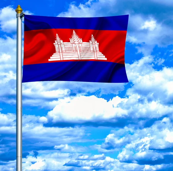 Kambodscha schwenkt Flagge gegen blauen Himmel — Stockfoto