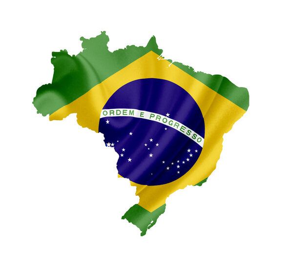 Карта Бразилии с размахивающим флагом, изолированным на белом
