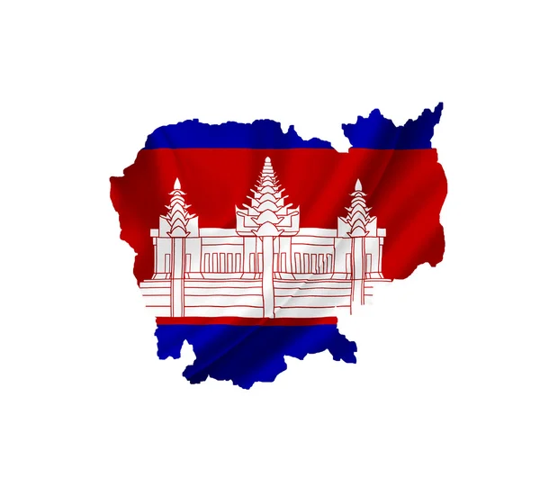 Map of Cambodia with waving flag isolated on white — Stock Photo, Image