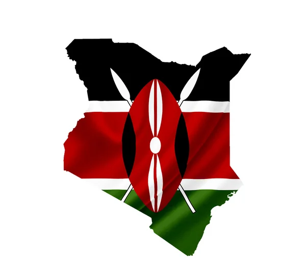 肯尼亚的挥舞着旗子上白色隔离地图 — 图库照片