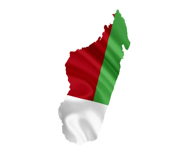 Mappa del Madagascar con bandiera sventolata isolata su bianco — Foto Stock