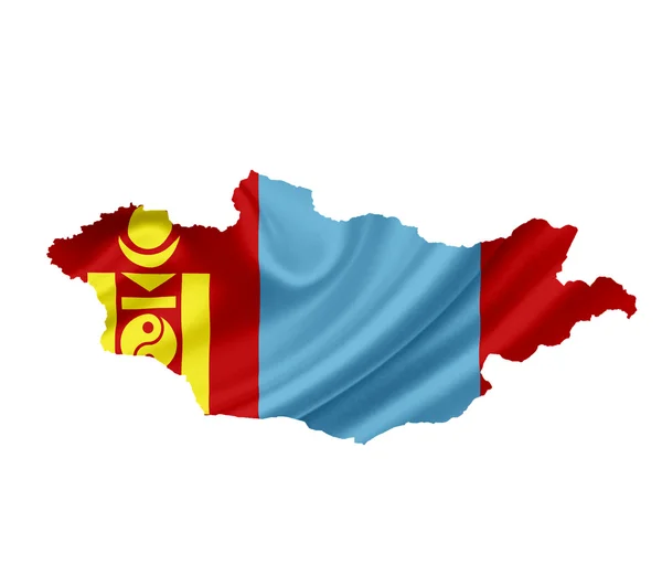 Mappa della Mongolia con bandiera sventolata isolata su bianco — Foto Stock