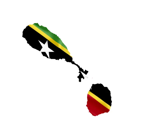 Karte der Heiligen Kitts und Nevis mit wehender Fahne isoliert auf weiß — Stockfoto