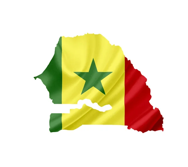Mappa del Senegal con bandiera sventolata isolata su bianco — Foto Stock