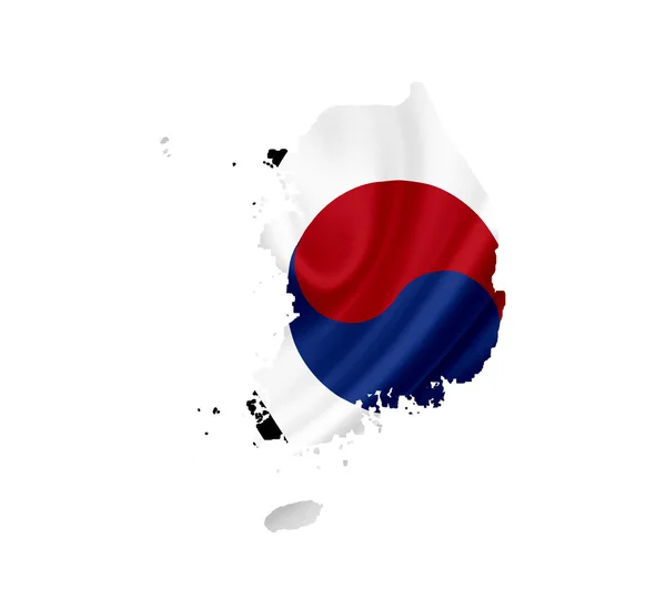 Karte Südkoreas mit wehender Flagge isoliert auf weiß — Stockfoto