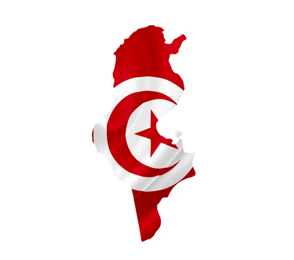 Karte von Tunesien mit wehender Fahne auf weißem Hintergrund — Stockfoto