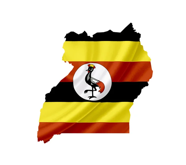 Kaart van Oeganda met zwaaien vlag geïsoleerd op wit — Stockfoto