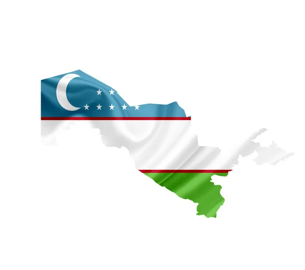 Karte Usbekistans mit wehender Fahne auf weißem Hintergrund — Stockfoto