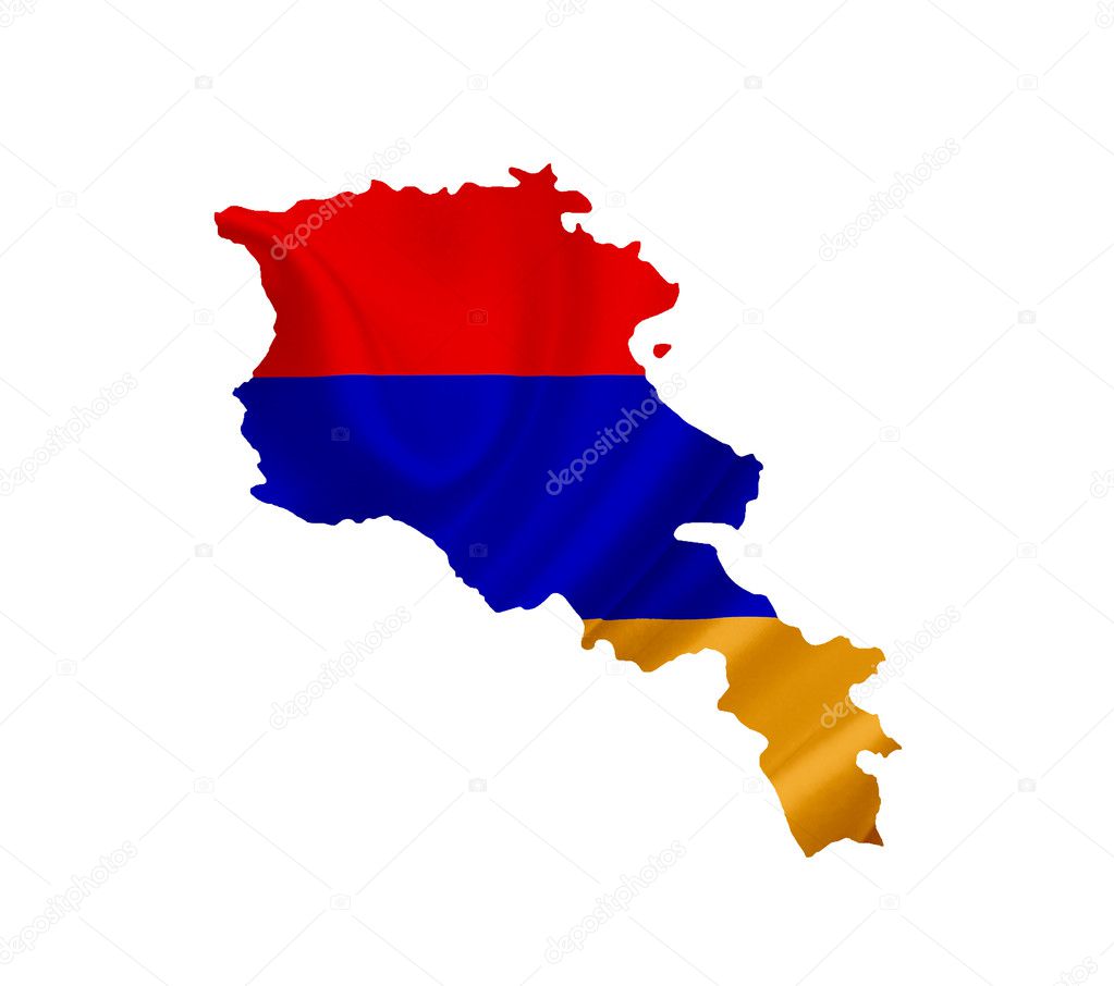 Map of Armenia with waving flag isolated on white
