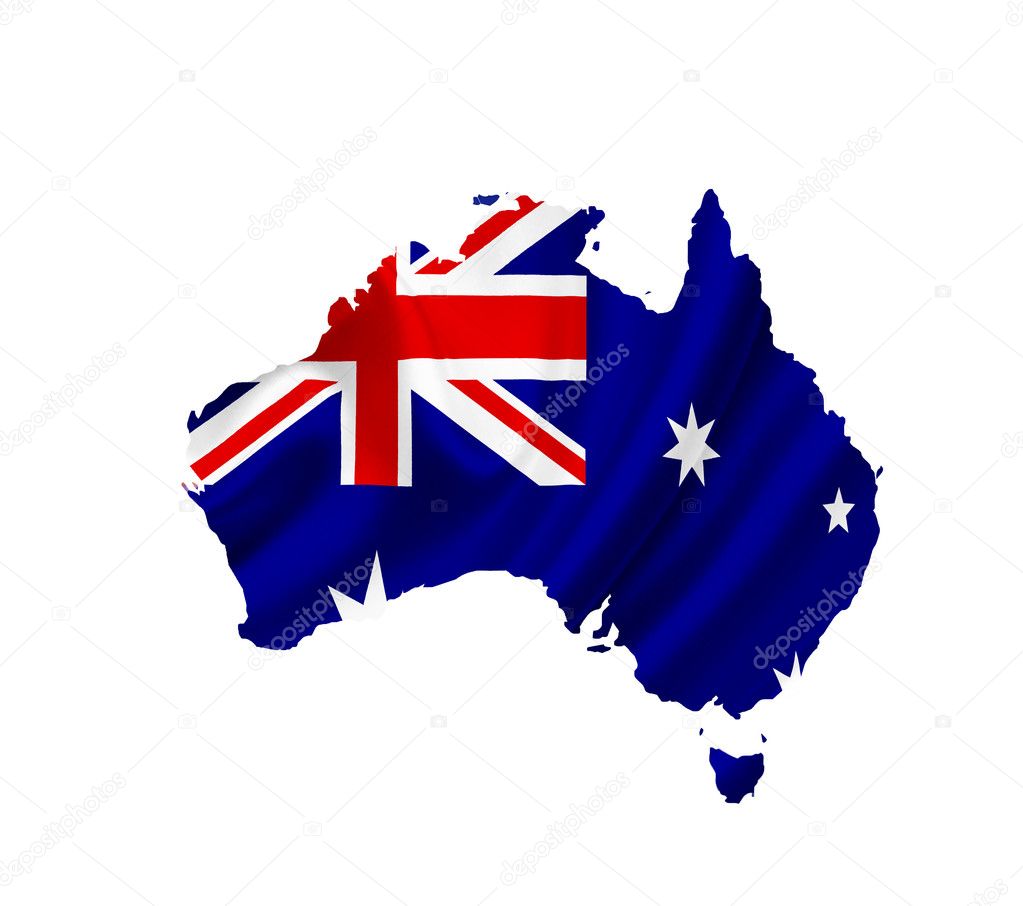 Map of Australia with waving flag isolated on white
