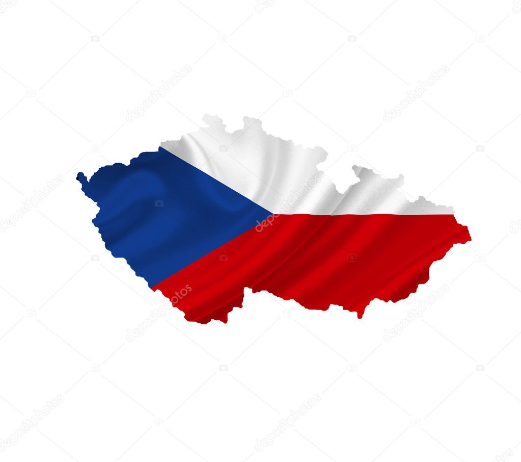 Map of Czech Republic with waving flag isolated on white
