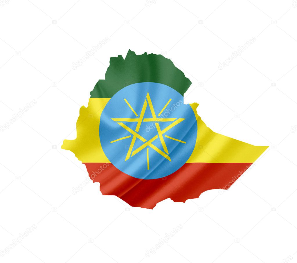 Map of Ethiopia with waving flag isolated on white