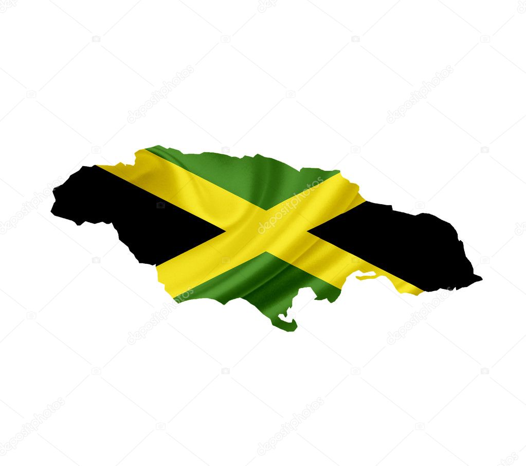 Map of Jamaica with waving flag isolated on white
