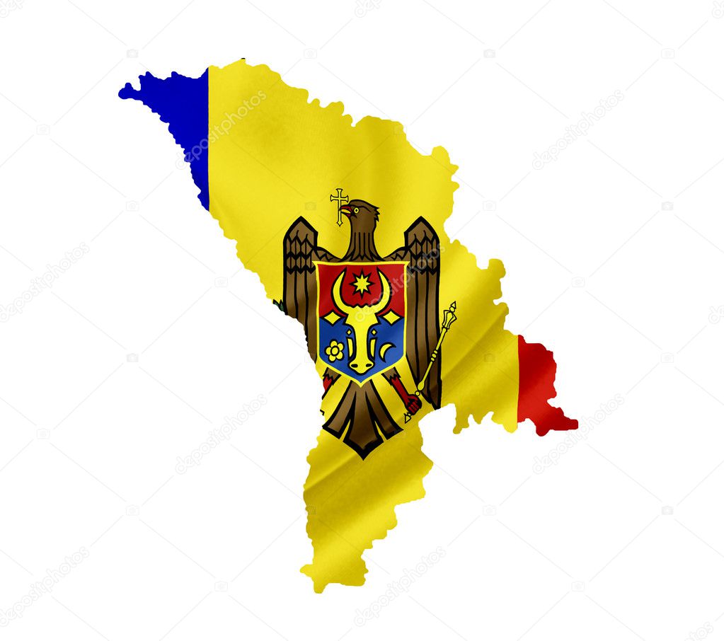 Map of Moldova with waving flag isolated on white