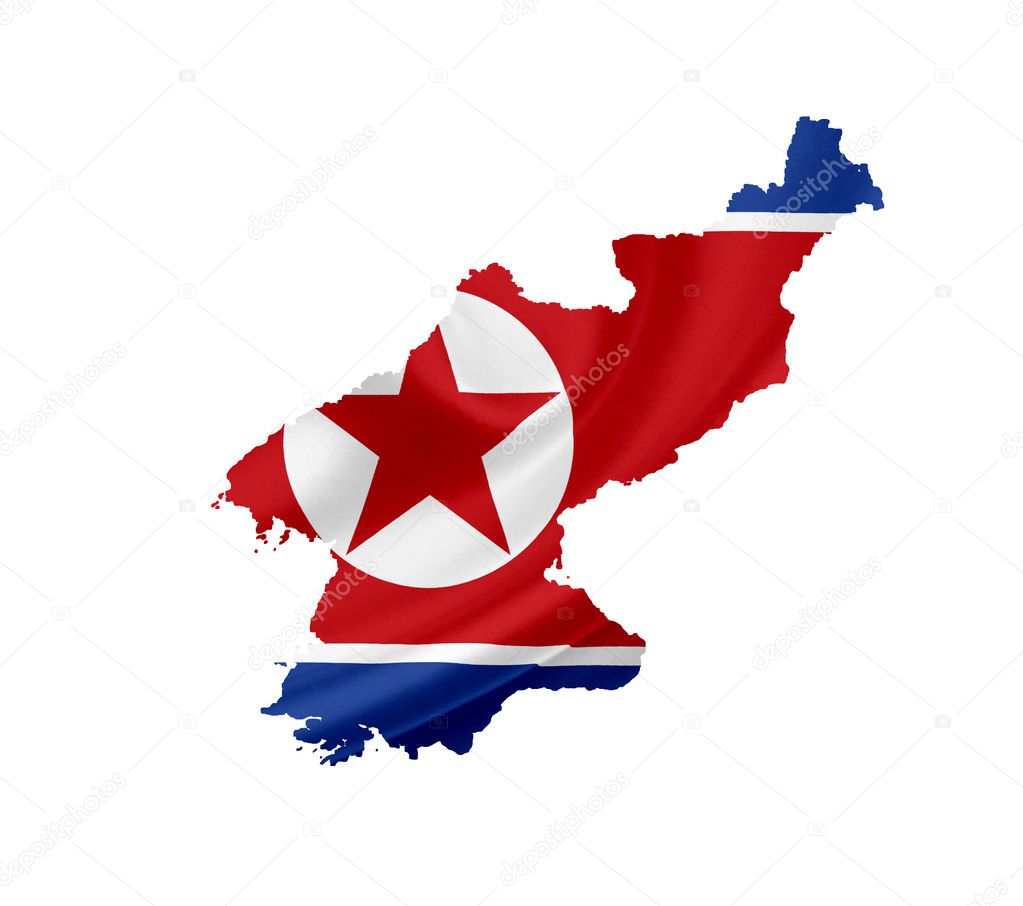 Map of North Korea with waving flag isolated on white