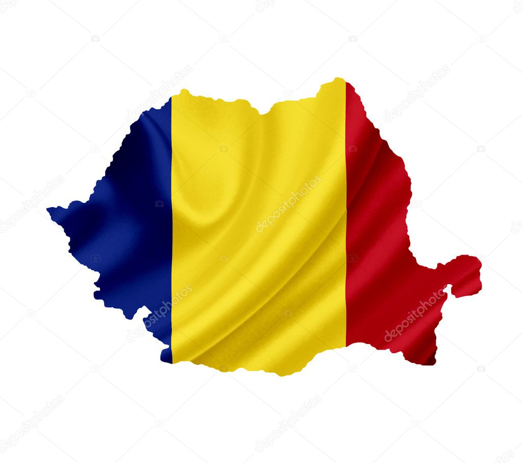 Map of Romania with waving flag isolated on white