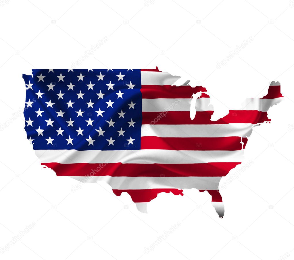 Map of United States of America with waving flag isolated on whi