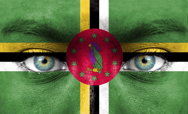 Human face painted with flag of Dominica — Stock Photo, Image