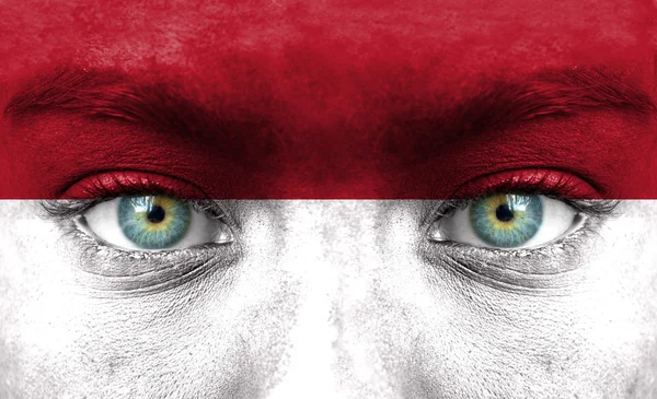 Human face painted with flag of Monaco — Stock Photo, Image