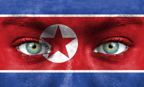 Menselijk gezicht beschilderd met vlag van Noord-korea — Stockfoto