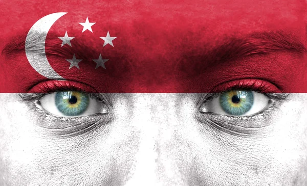 Cara humana pintada con bandera de Singapur — Foto de Stock