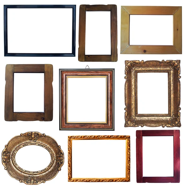 Collection of vintage wooden and golden empty frames isolated on — Stock Photo, Image