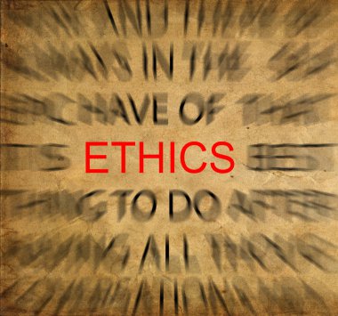 Blured text on vintage paper with focus on ETHICS clipart