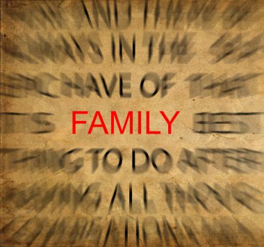 Blured text on vintage paper with focus on FAMILY clipart