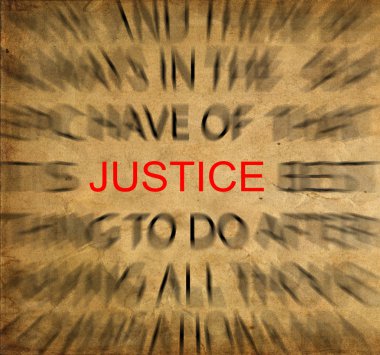 Blured text on vintage paper with focus on JUSTICE clipart