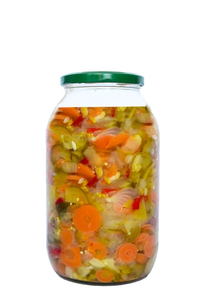 stock image Preserved vegetables in glass jar isolated on white background