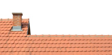 Roof with tiles and chimney isolated on white background