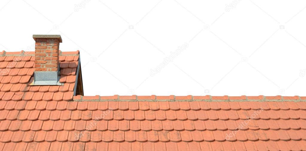 Roof with tiles and chimney isolated on white background