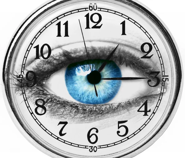 Μπλε μάτι με το ρολόι που απομονώνονται σε λευκό — Φωτογραφία Αρχείου
