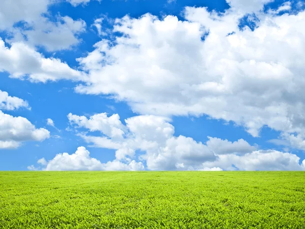 Piękne zielone pole i błękitne niebo - naturalny pejzaż widok — Zdjęcie stockowe