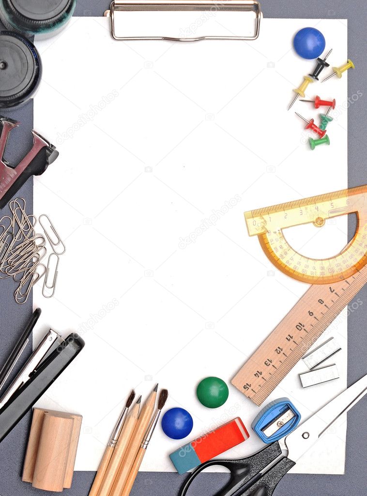 View of the office tools on white background