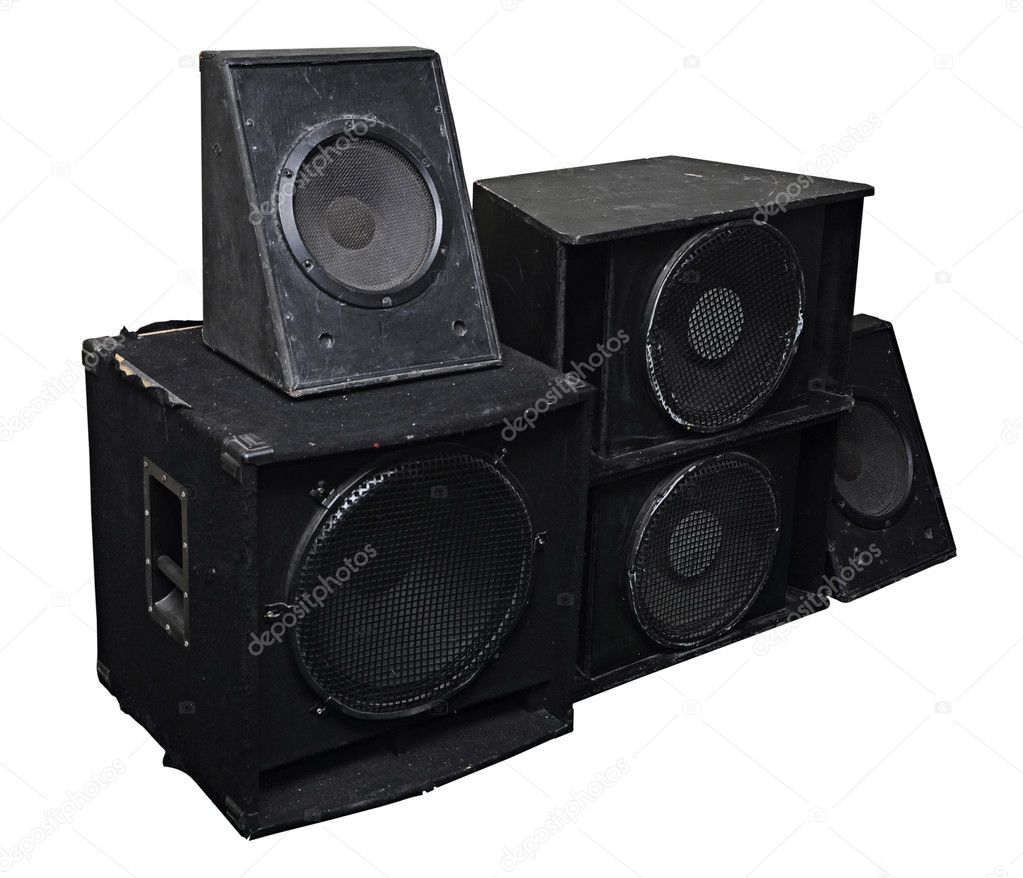 Old powerful stage concerto audio speakers isolated on white bac