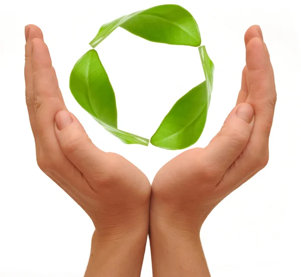 Símbolo de reciclagem feito a partir de mãos isoladas sobre fundo branco  . — Fotografia de Stock