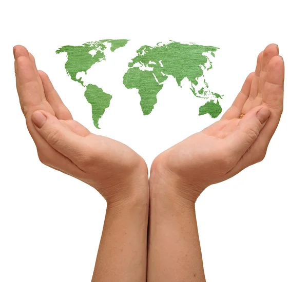World map in woman hands isolated on white — Stock Photo, Image
