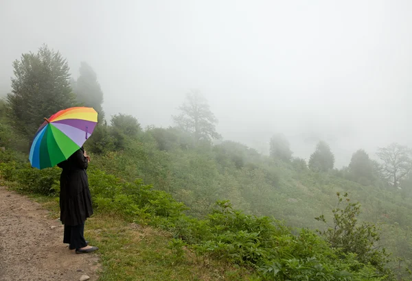 stock image Alone in the Fog with colorful umbrella