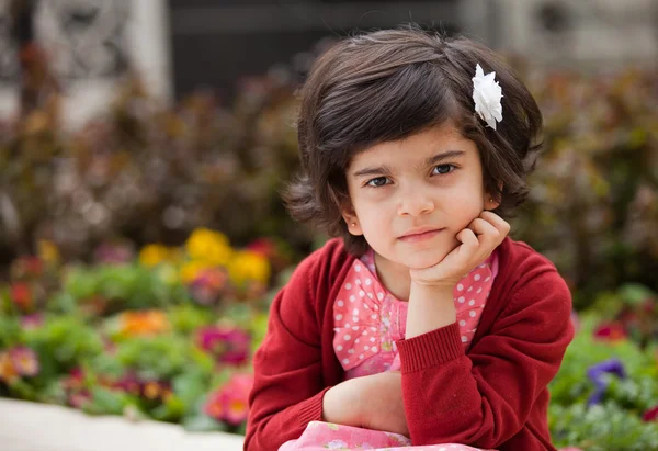 stock image Angry and Thoughtful Caucasian Little girl in the Garden