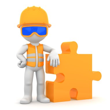 Industrial worker with piece of puzzle. Building concept clipart