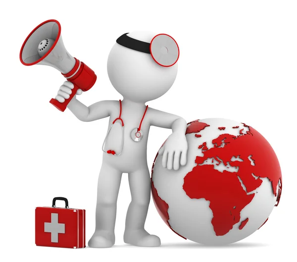 Doctor with globe and megaphone. European and African side. — Stock Photo, Image